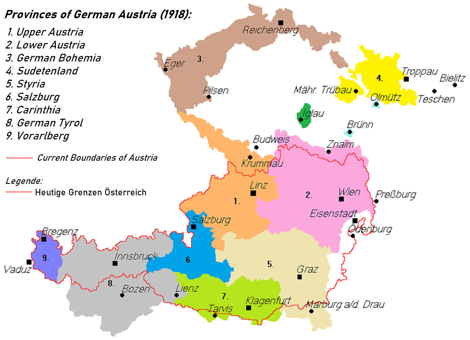 Wilayah-wilayah berbahasa Jerman yang dituntut oleh Republik Jerman-Austria pada tahun 1918. Sempadan Republik Austria Kedua kemudiannya digariskan dengan warna merah.