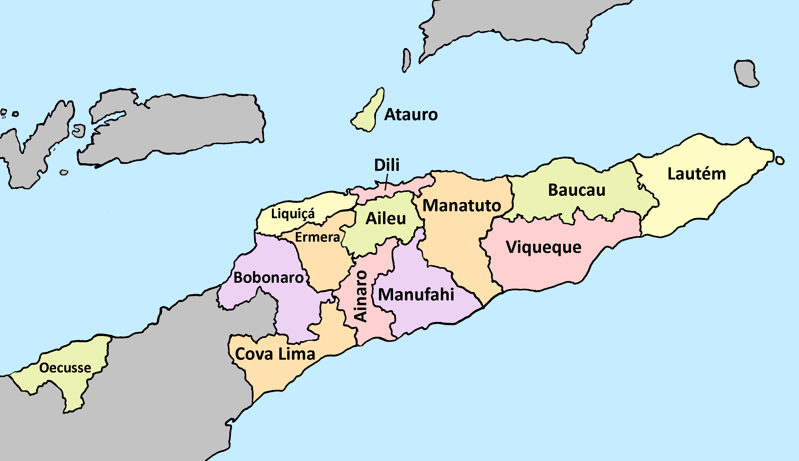 Empat belas munisipalitas Timor Leste, menunjukkan pembagian administratif utama negara tersebut.