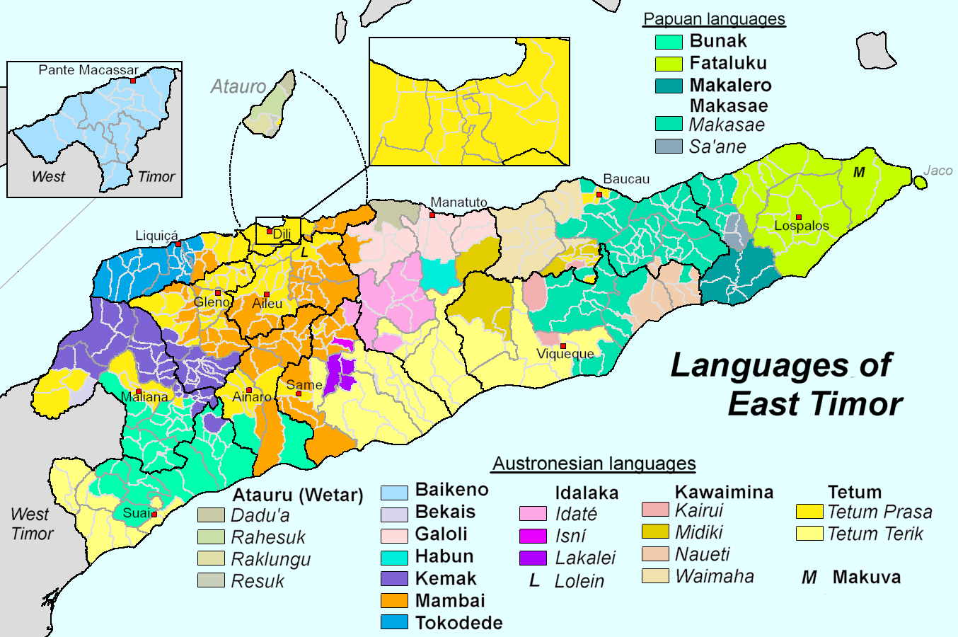 Peta kelompok bahasa utama di Timor-Leste berdasarkan suku, menunjukkan mosaik linguistik yang kompleks di seluruh negeri.