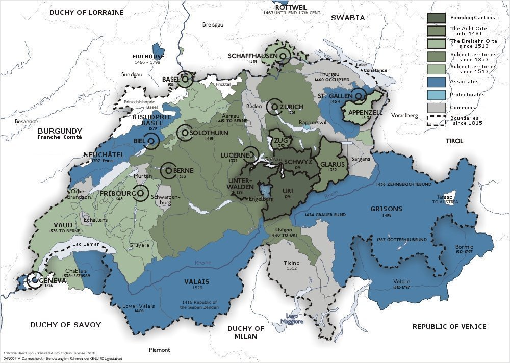 Konfederasi Swiss Lama dari 1291 (hijau gelap) hingga abad keenam belas (hijau muda) dan sekutunya (biru). Warna lain menunjukkan wilayah taklukan.