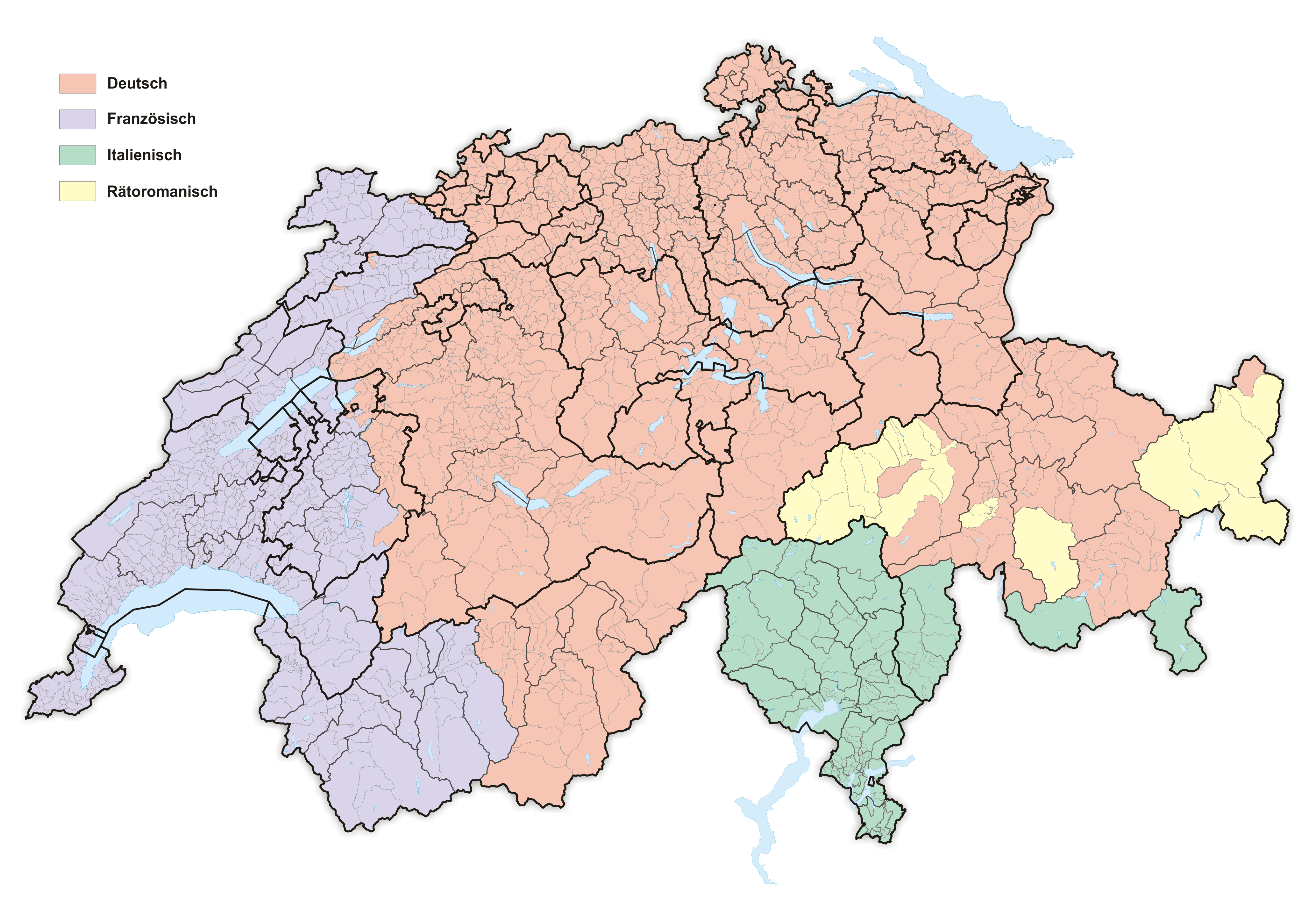 Peta bahasa kebangsaan di Switzerland (2016): Jerman (62.8%, oren pudar), Perancis (22.9%, ungu pudar), Itali (8.2%, hijau pudar), Romansh (0.5%, kuning pudar).