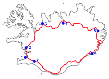 Jalan Lingkaran Iceland dan beberapa bandar yang dilaluinya: 1. Reykjavík, 2. Borgarnes, 3. Blönduós, 4. Akureyri, 5. Egilsstaðir, 6. Höfn, 7. Selfoss