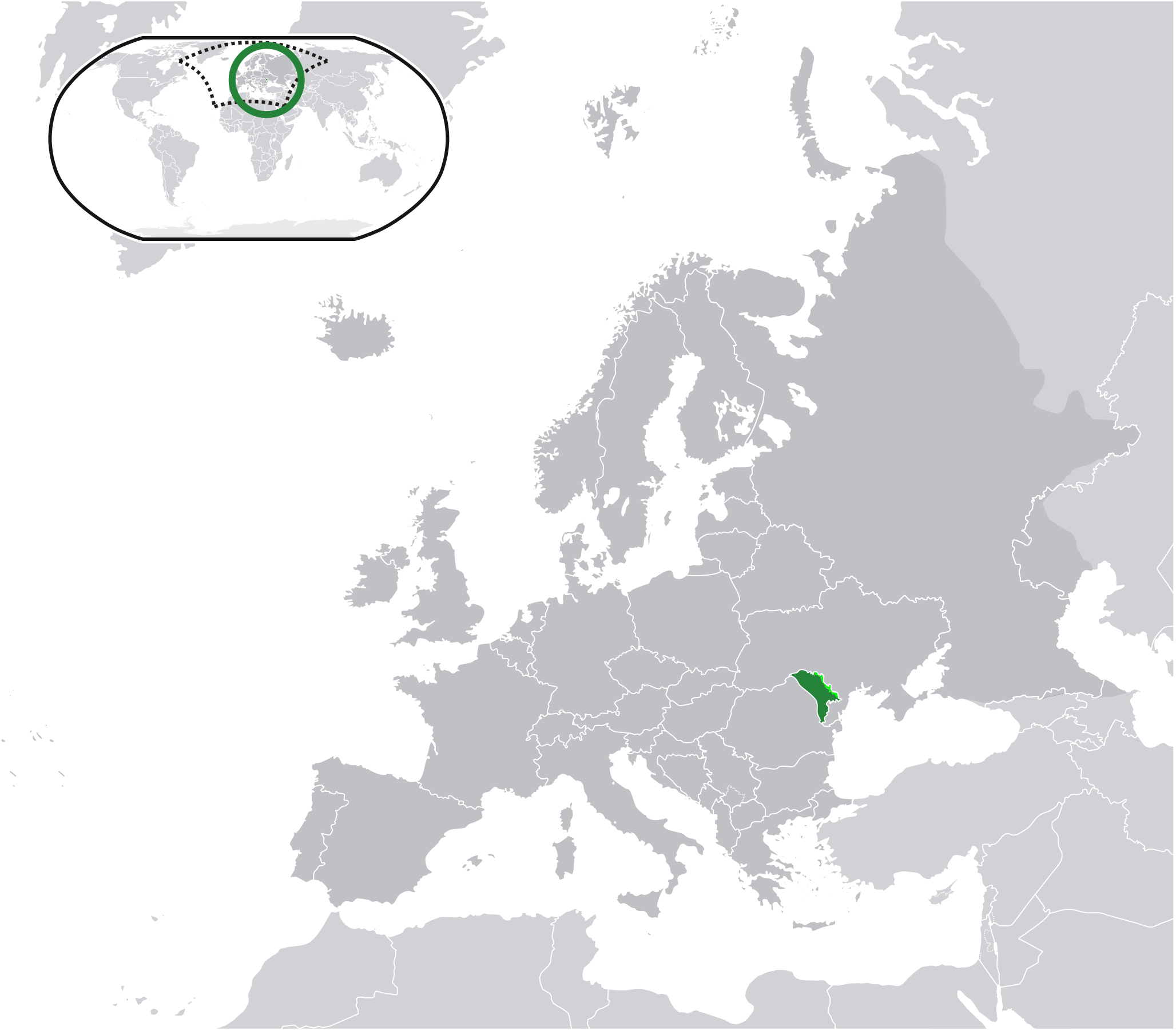 Vị trí của Moldova ở châu Âu (màu xanh lá cây) và lãnh thổ không kiểm soát được của Transnistria (màu xanh lá cây nhạt)