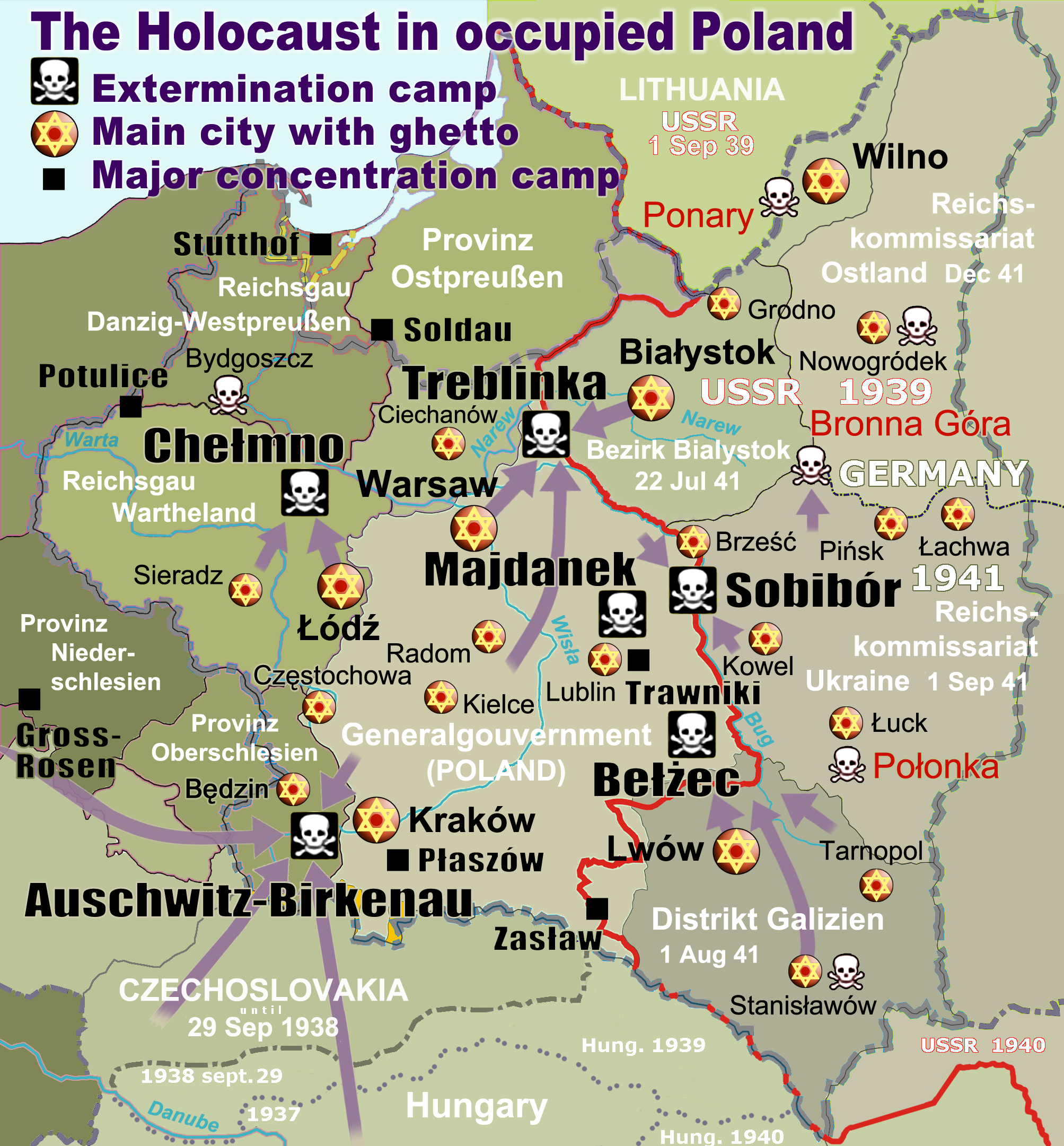 ドイツ占領下のポーランドにおけるホロコーストの地図。移送経路と虐殺地が示されている。主要なゲットーは黄色の星で、ナチスの絶滅収容所は黒い四角に白い頭蓋骨で示されている。1941年のナチス・ドイツとソビエト連邦の国境は赤で示されている。