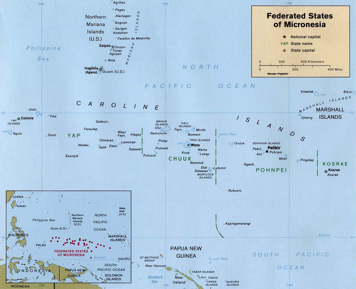 Peta Federasi Mikronesia yang menunjukkan keempat negara bagian dan sebaran pulau-pulaunya.