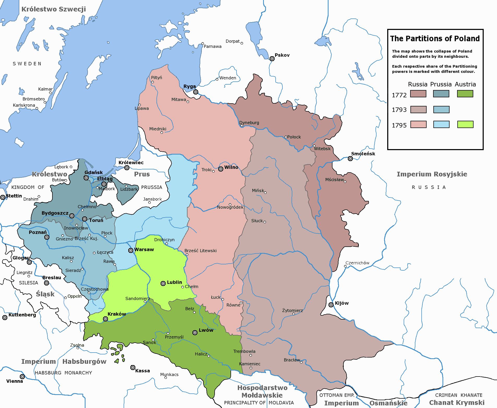 プロイセン王国(青)、ロシア帝国(茶)、オーストリア・ハプスブルク君主国(緑)による1772年(第一次)、1793年(第二次)、1795年(第三次)のポーランド分割。
