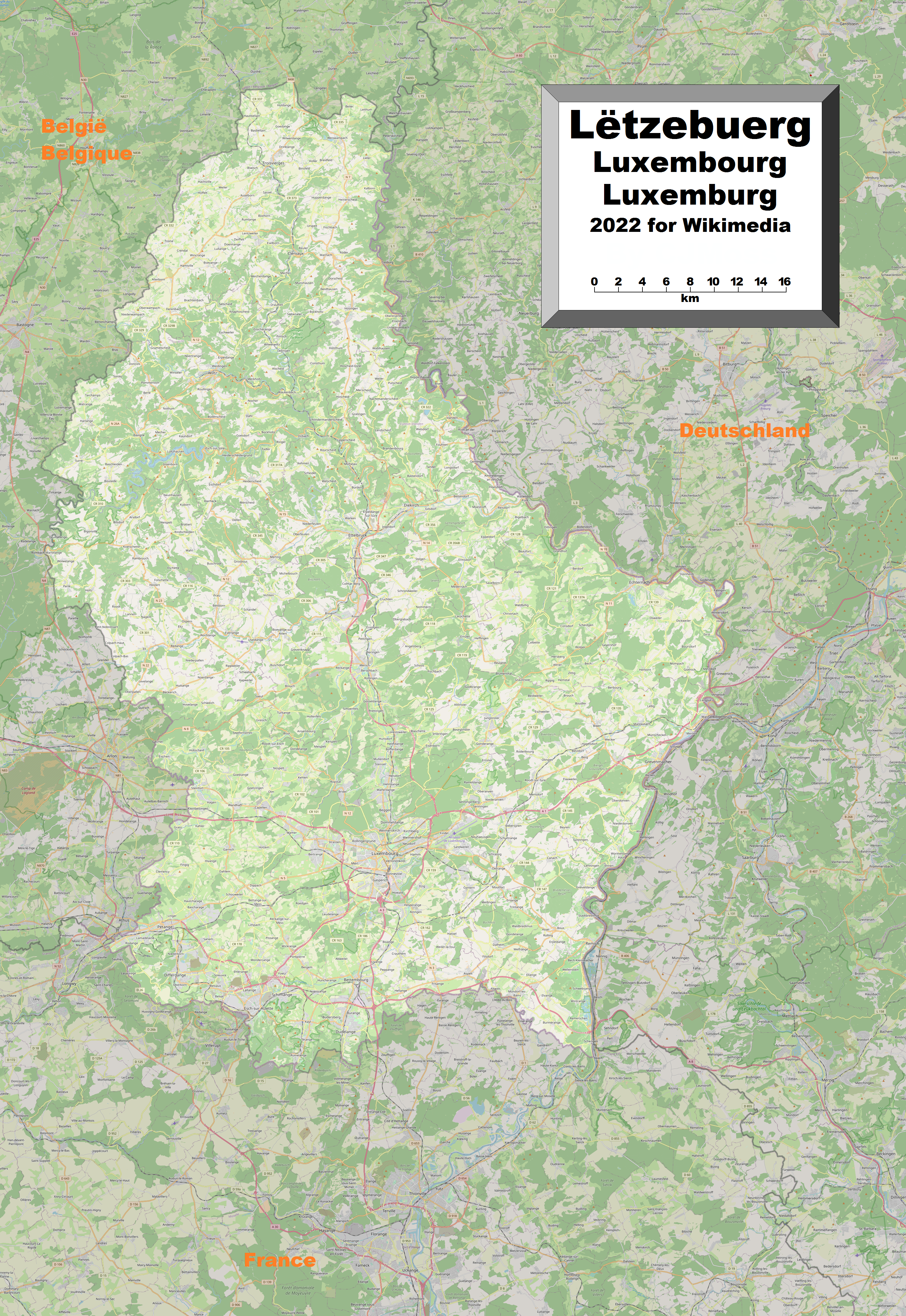 Bandar-bandar terbesar ialah Luxembourg, Esch-sur-Alzette, Dudelange, dan Differdange.