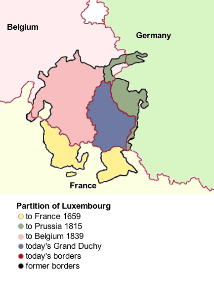 Terdapat tiga pembahagian Luxembourg antara 1659 dan 1839. Secara keseluruhan, ia mengurangkan wilayah Luxembourg daripada 10.70 K km2 kepada keluasan masa kini iaitu 2.59 K km2. Selebihnya membentuk sebahagian daripada Belgium, Perancis, dan Jerman moden.
