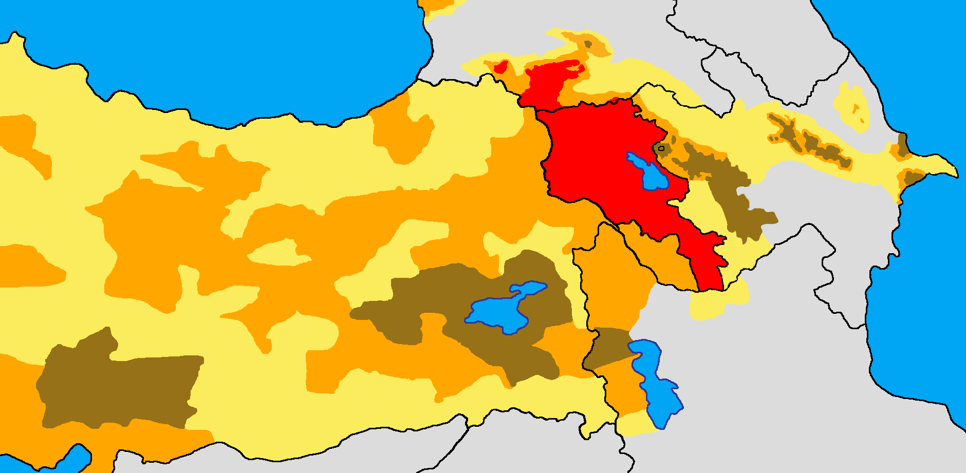 Distribusi historis dan modern orang Armenia. Wilayah pemukiman orang Armenia pada awal abad ke-20: area cokelat menunjukkan >50%; area oranye 25-50%; area kuning