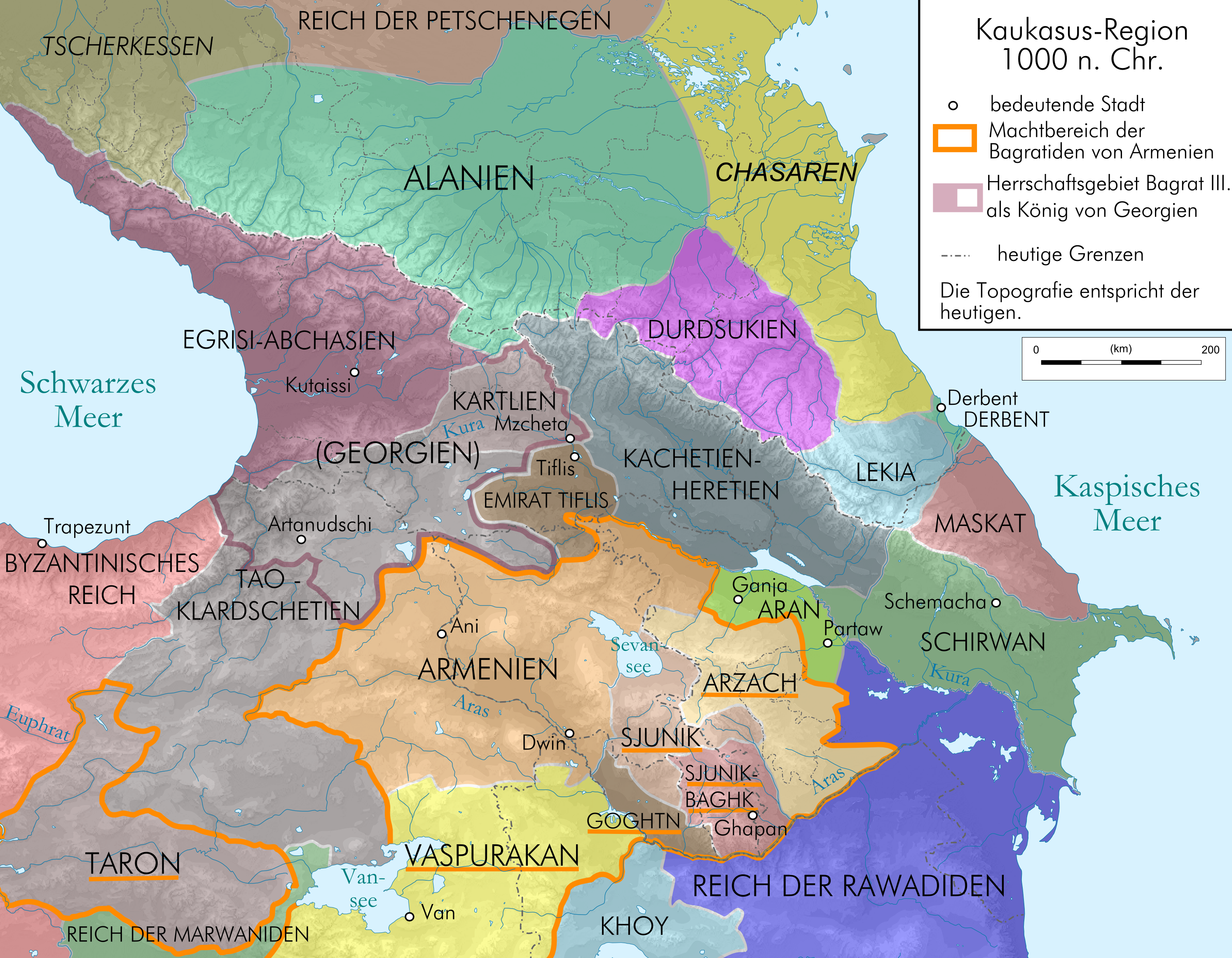 Kerajaan Abkhazia pada kemuncaknya dan kawasan Kaukasus sekitarnya (1000 M)