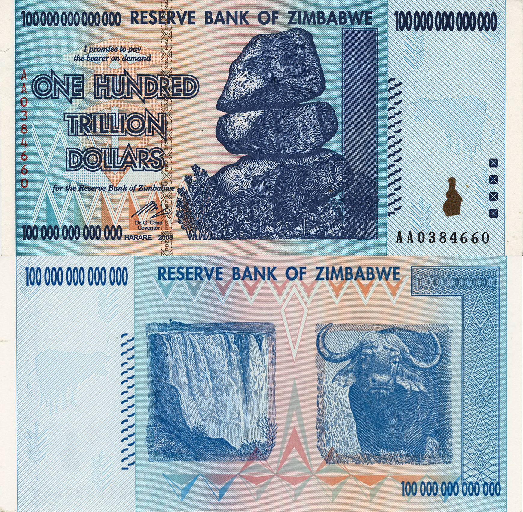 Wang kertas 100 trilion dolar Zimbabwe yang dikeluarkan pada 2009