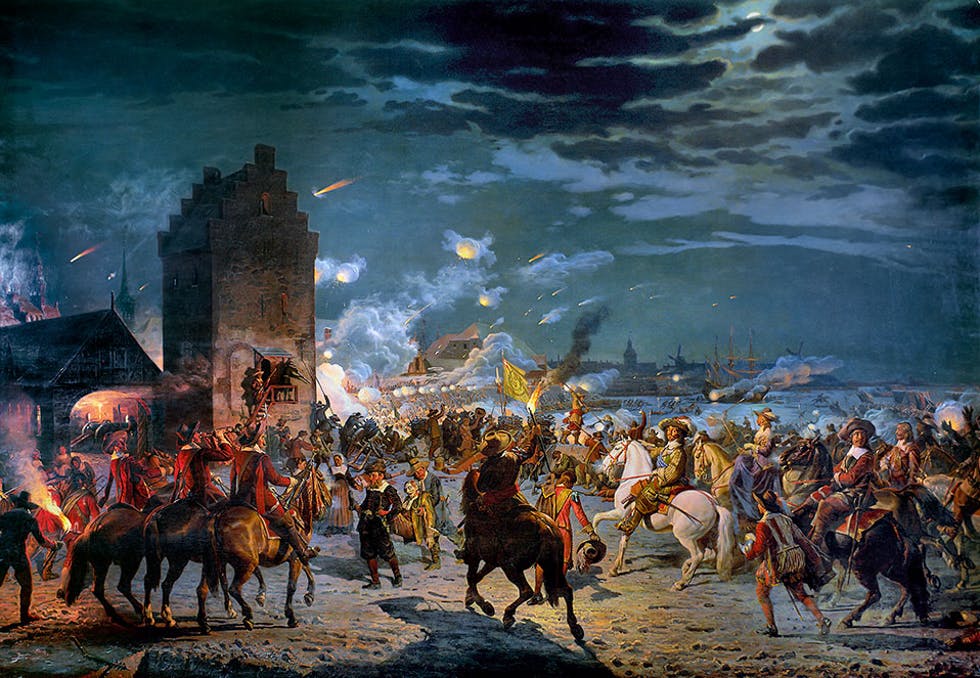 Serangan ke Kopenhagen pada 11 Februari 1659 selama Perang Utara Kedua. Pasukan Denmark di bawah Raja Frederick III berhasil memukul mundur pasukan Kekaisaran Swedia. Lukisan oleh Frederik Christian Lund.
