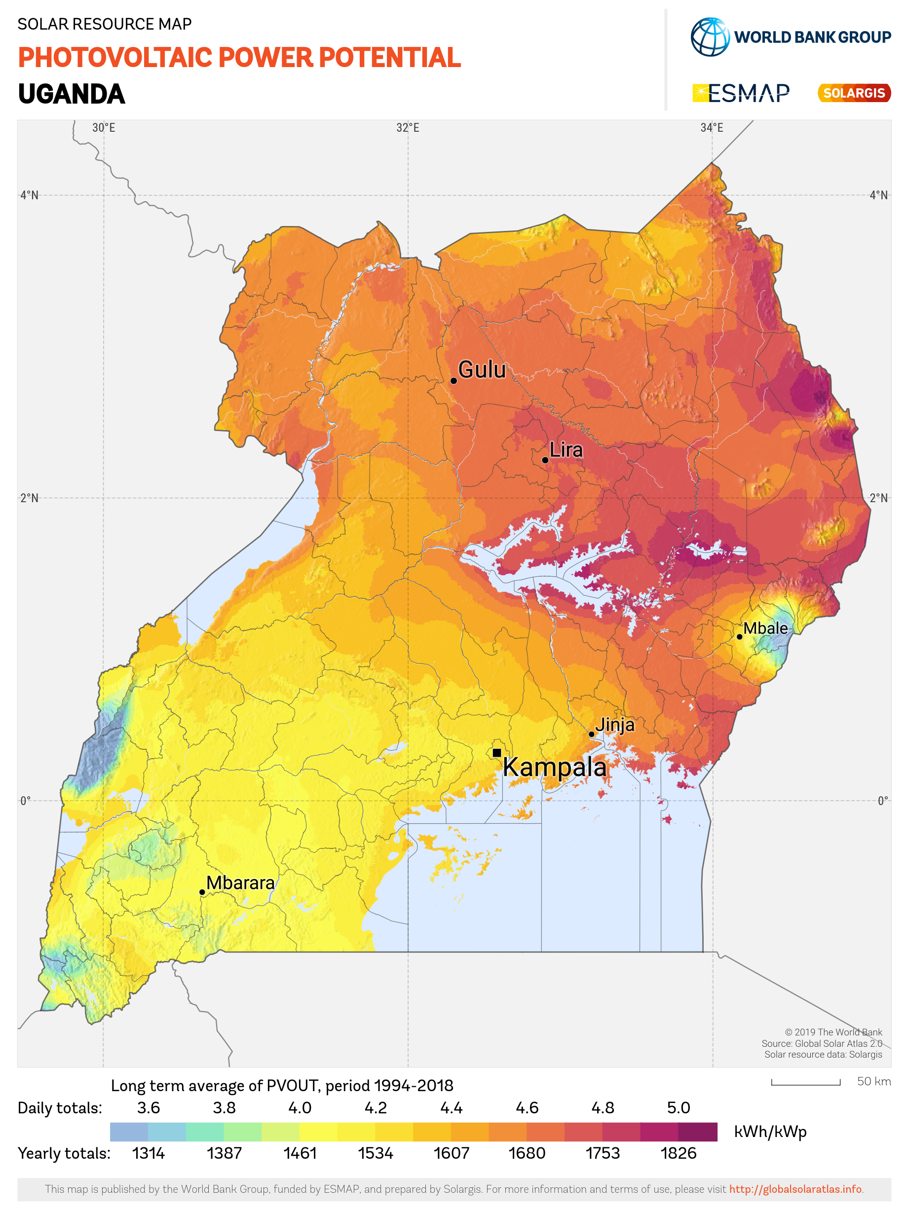 Bản đồ tiềm năng điện mặt trời quang điện Uganda PVOUT