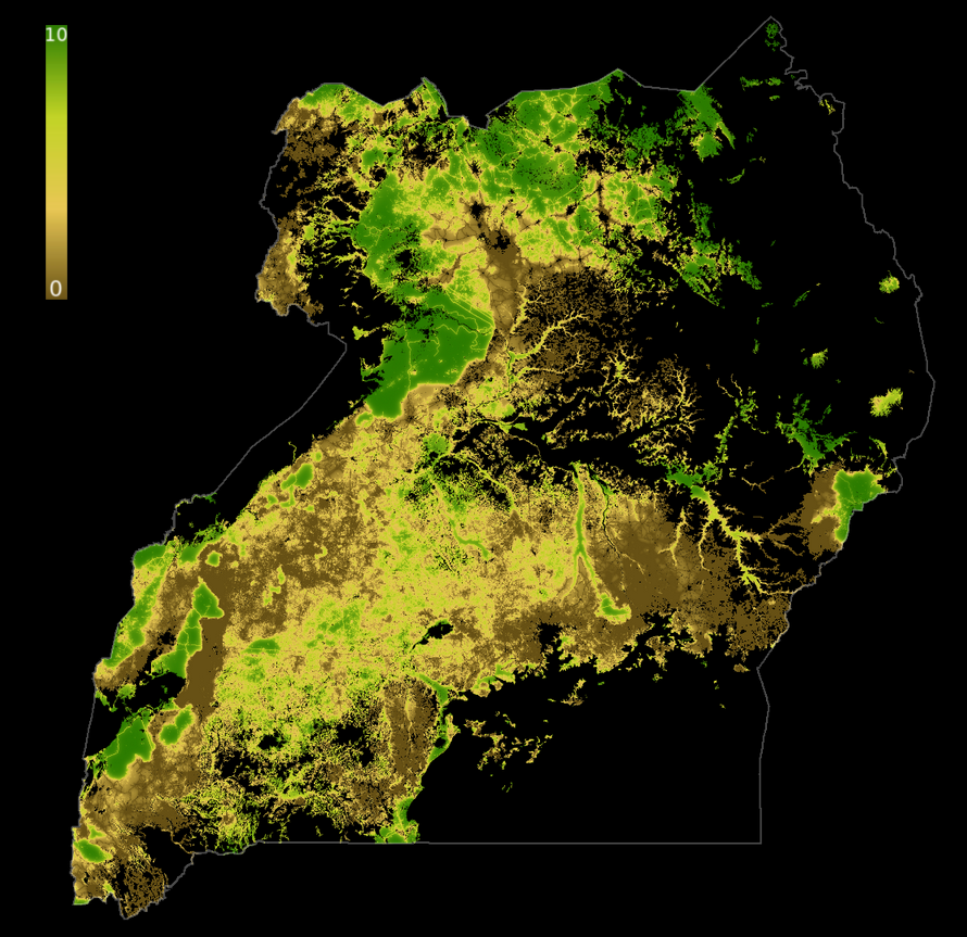 Forest Landscape Integrity Index 2019 map of Uganda. Forest condition measured by degree of anthropogenic modification. 0 = most modifications; 10 = least.