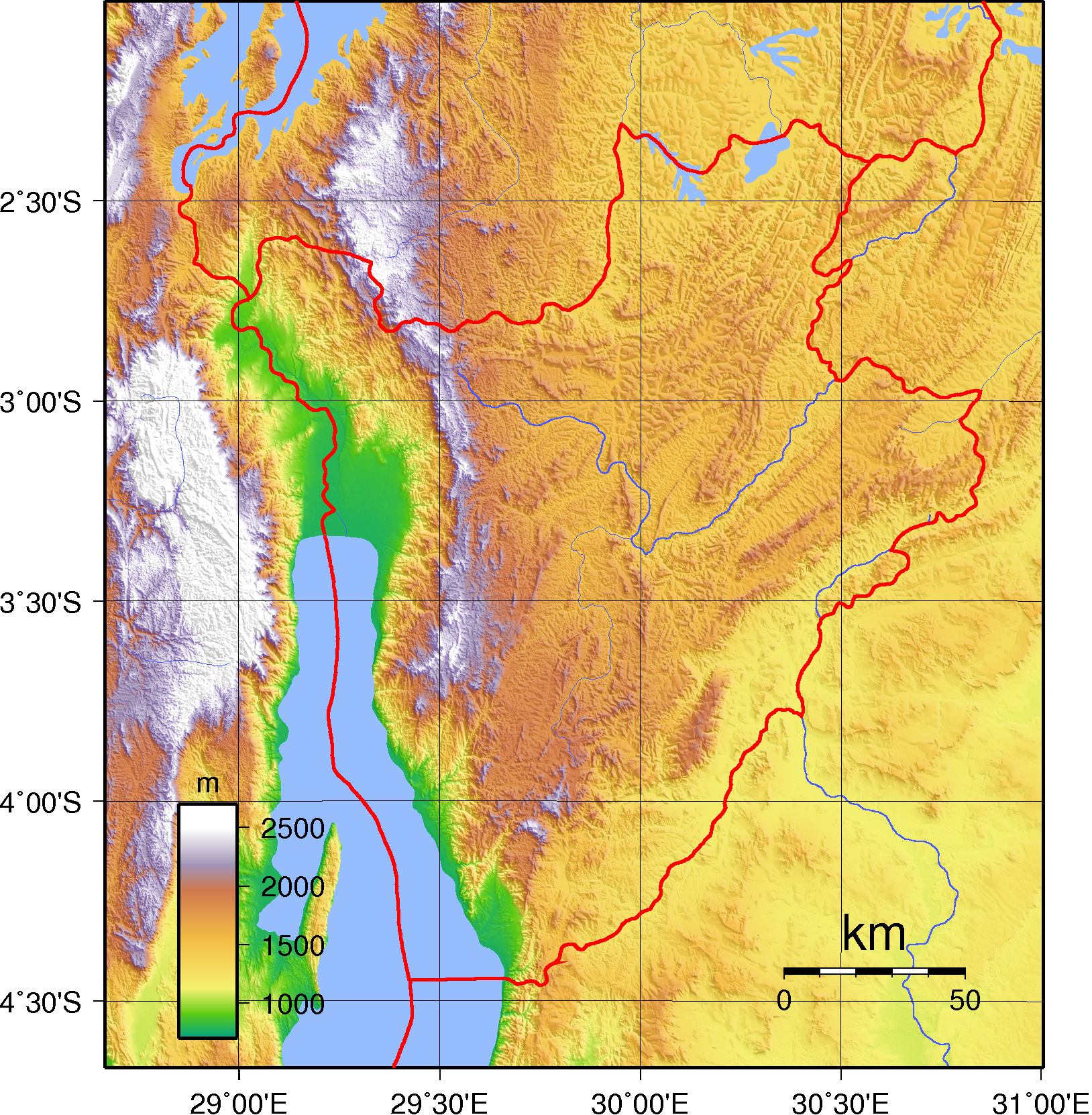 Topographic map of Burundi.