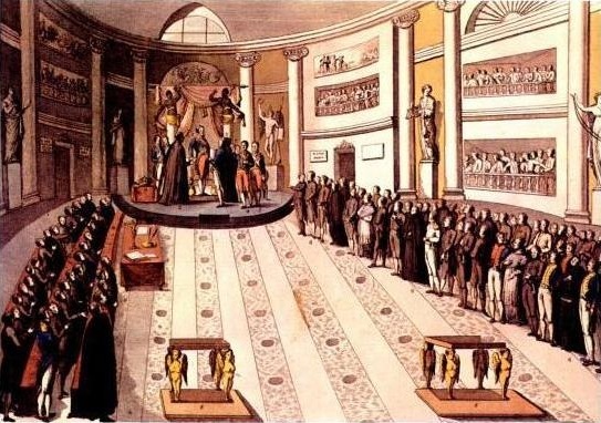 Ferdinand VII bersumpah atas Konstitusi 1812 di hadapan Cortes pada tahun 1820.