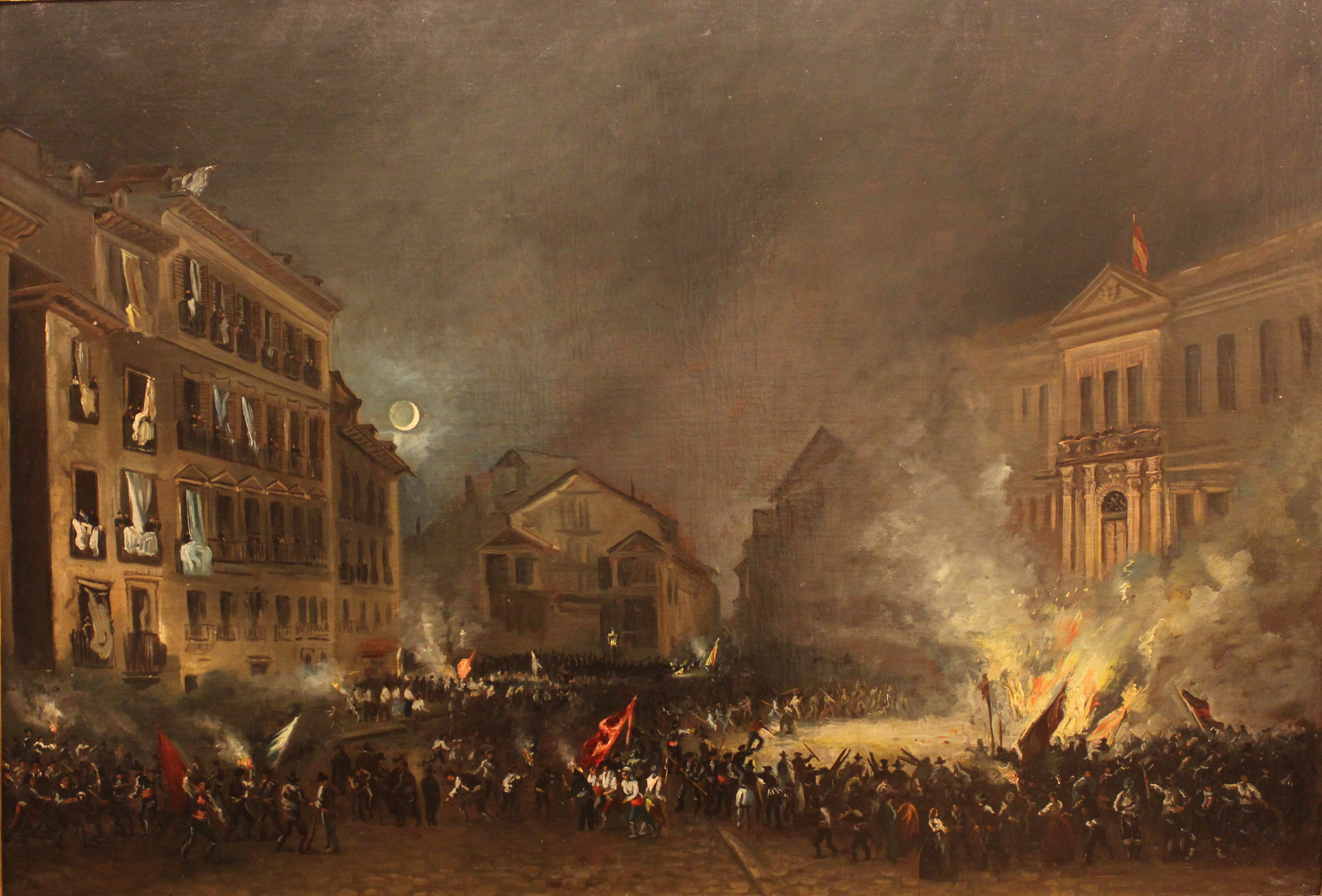 Revolusi Spanyol 1854 di Puerta del Sol, Madrid. Maria Christina dari Dua Sisilia melarikan diri ke pengasingan dan Baldomero Espartero menjadi wali penguasa.