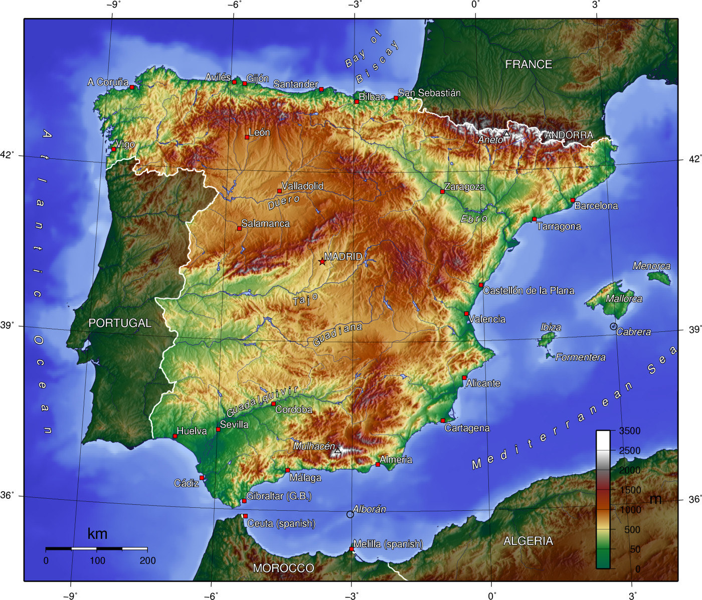 Peta topografi Spanyol (tidak termasuk Kepulauan Canary)