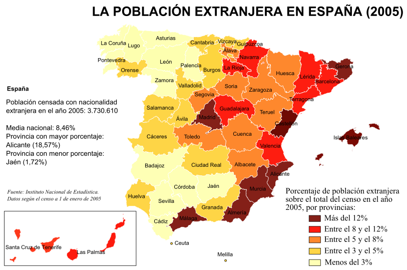 Distribusi populasi asing di Spanyol pada tahun 2005 berdasarkan persentase