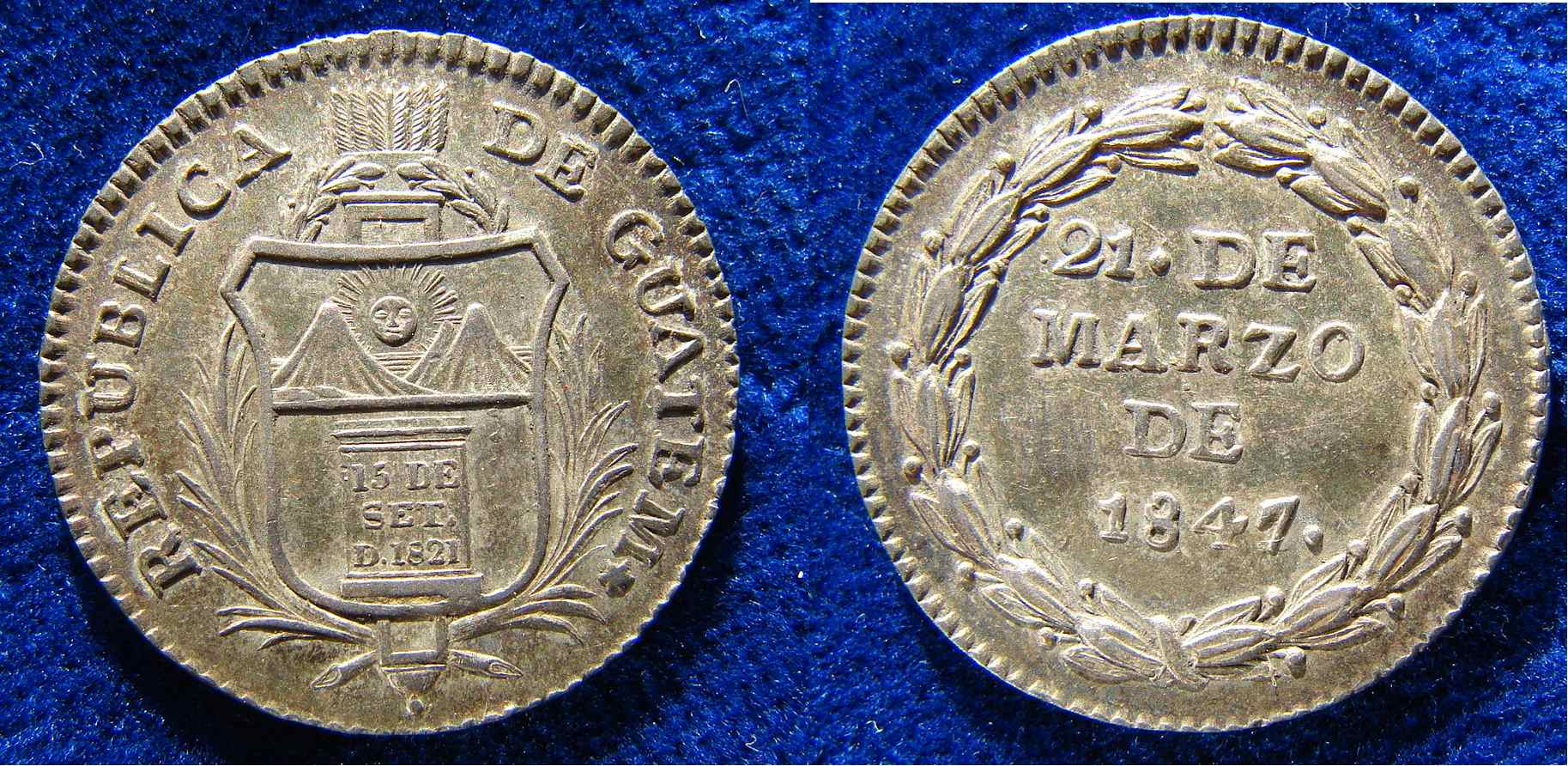 Đồng xu kỷ niệm năm 1847 của Cộng hòa Guatemala độc lập.