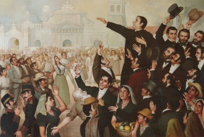 Một bức tranh về lễ kỷ niệm Phong trào Độc lập Đầu tiên ở San Salvador. Ở trung tâm là José Matías Delgado.
