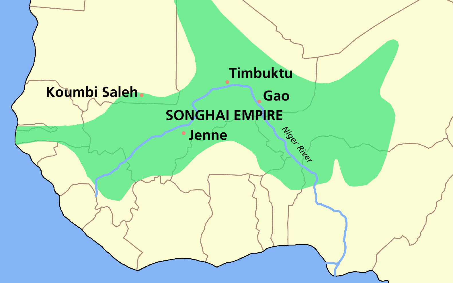 Map of the Songhai Empire, overlaid over modern boundaries