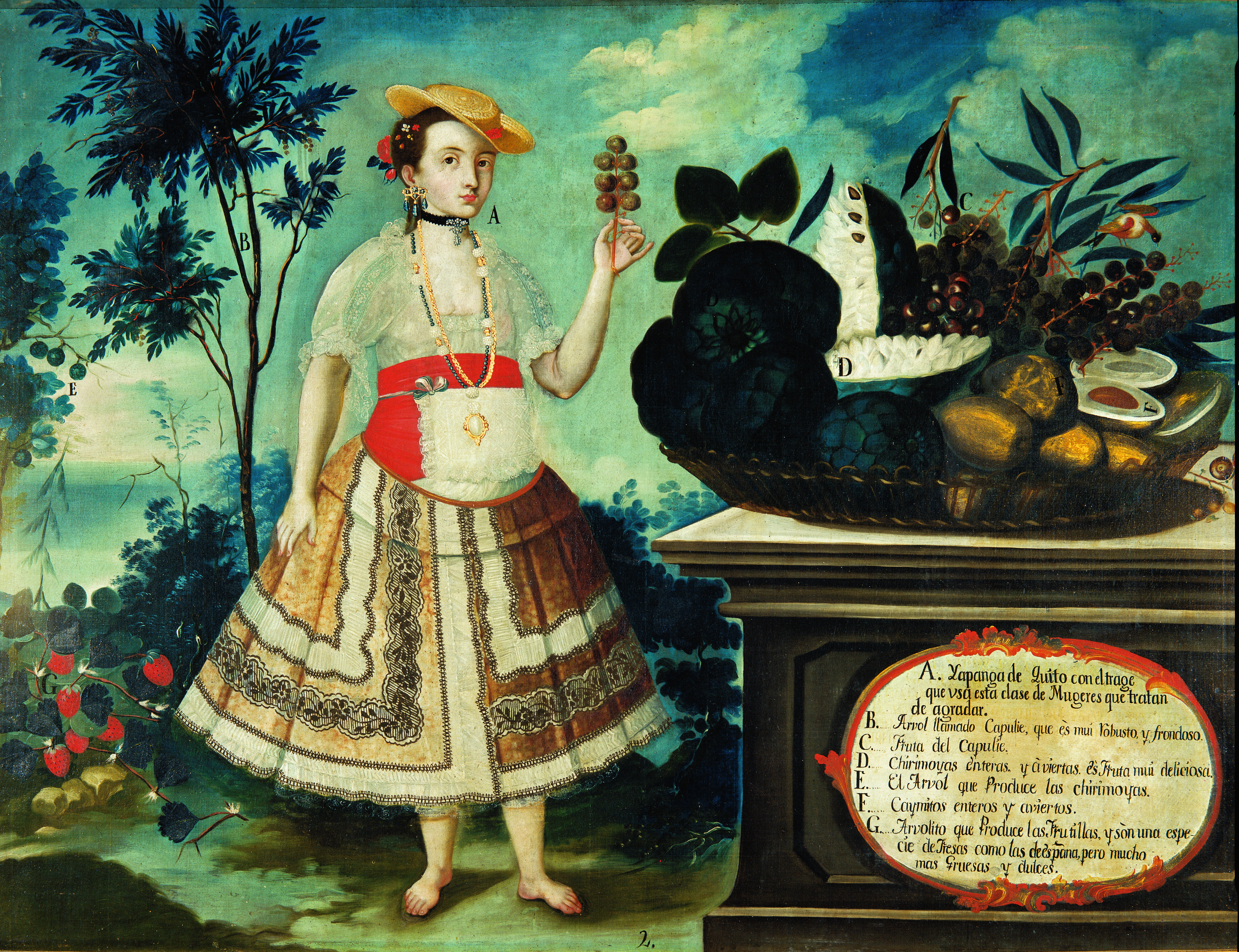 Ekuador memiliki repertoar seni kolonial yang luas di negara ini dan museum lainnya, seperti criolla Yapanga dari Quito kolonial ini, pada tahun 1783, oleh Vicente Albán. Museo de América, Madrid.