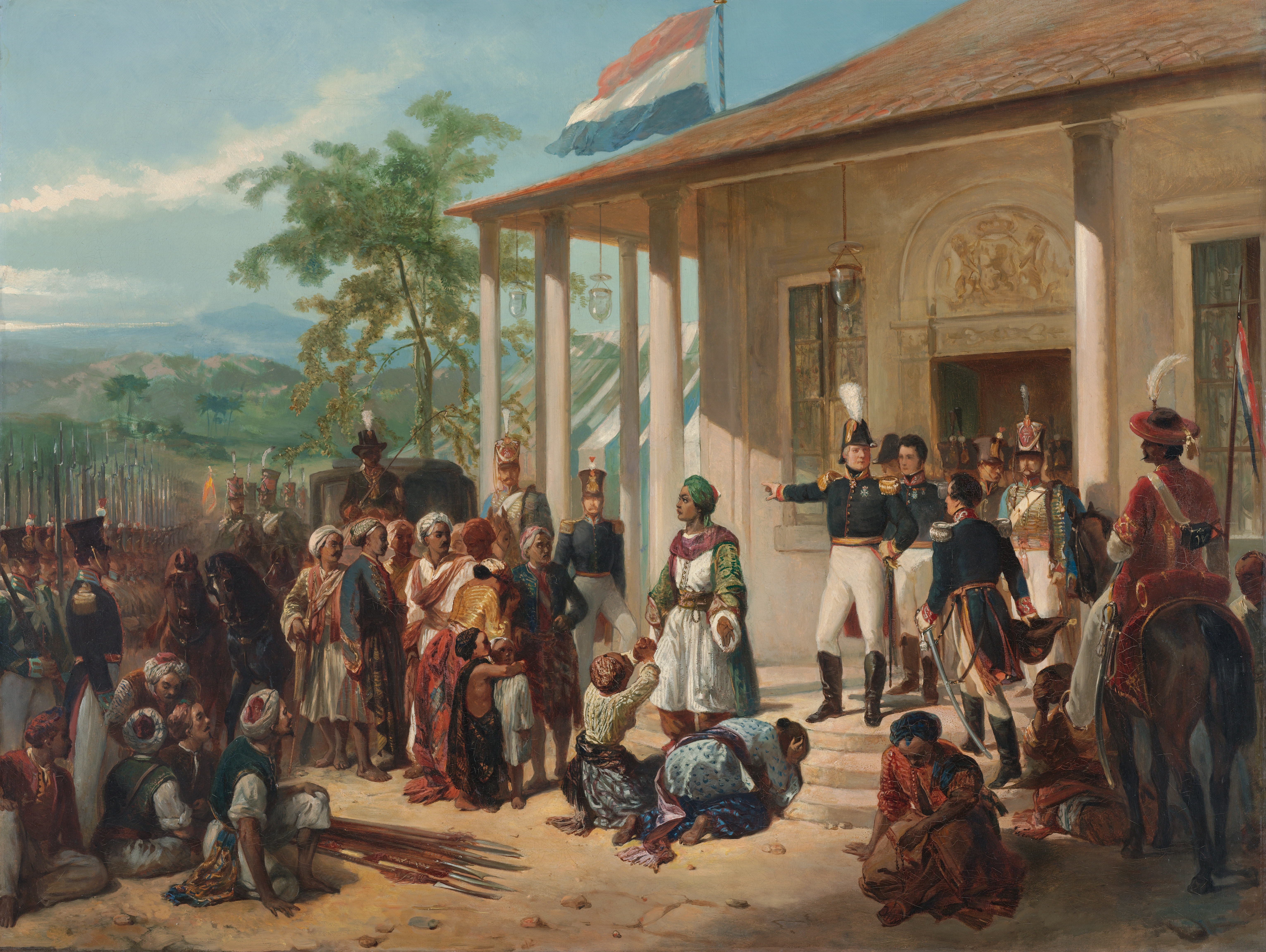 Lukisan tahun 1835 yang menggambarkan penyerahan Pangeran Diponegoro kepada Jenderal De Kock pada akhir Perang Jawa tahun 1830.