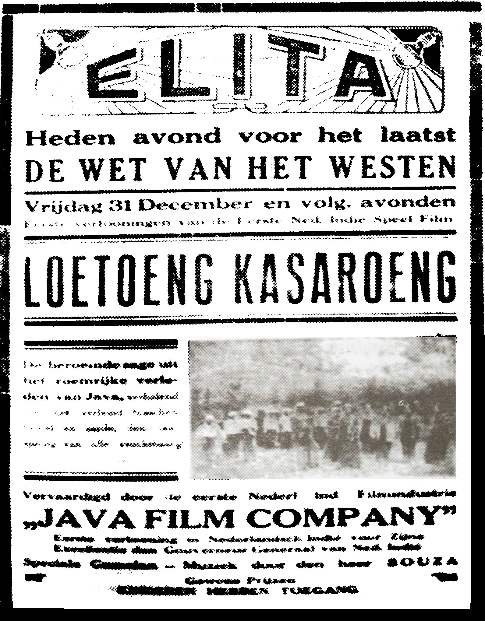Iklan untuk Loetoeng Kasaroeng (1926), filem fiksyen pertama yang diterbitkan di Hindia Timur Belanda.