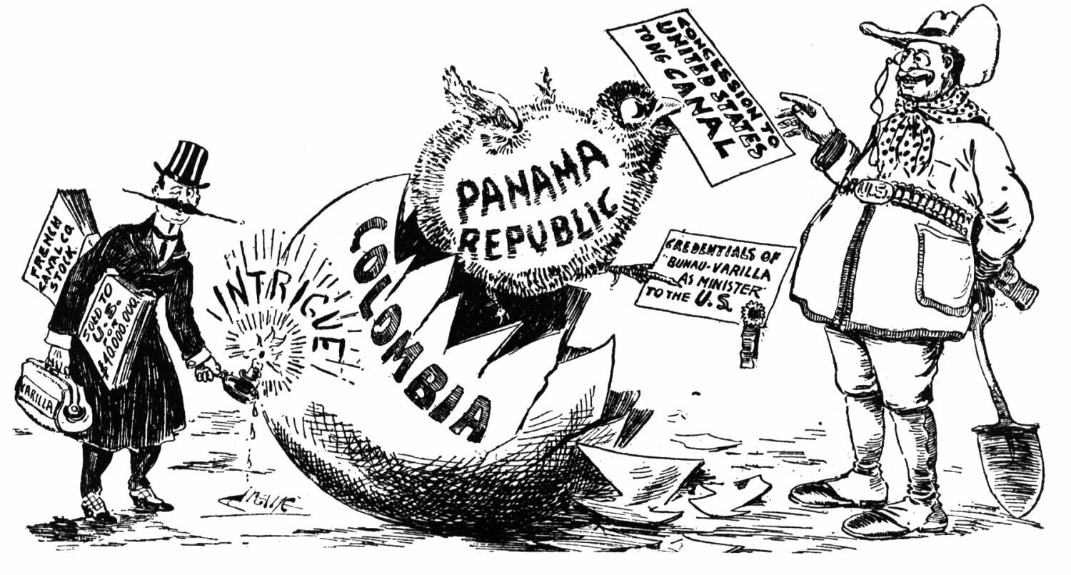 Karikatur politik tahun 1903. Pemerintah AS, bekerja sama dengan kaum separatis di Panama, merekayasa deklarasi kemerdekaan Panama dari Kolombia, kemudian mengirim kapal perang dan marinir AS ke Panama untuk mencegah intervensi Kolombia.
