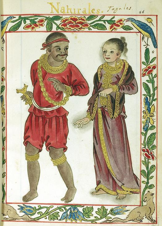 Sepasang suami isteri yang digambarkan pada awal zaman penjajahan Sepanyol di Filipina sekitar tahun 1590-an, berhias emas