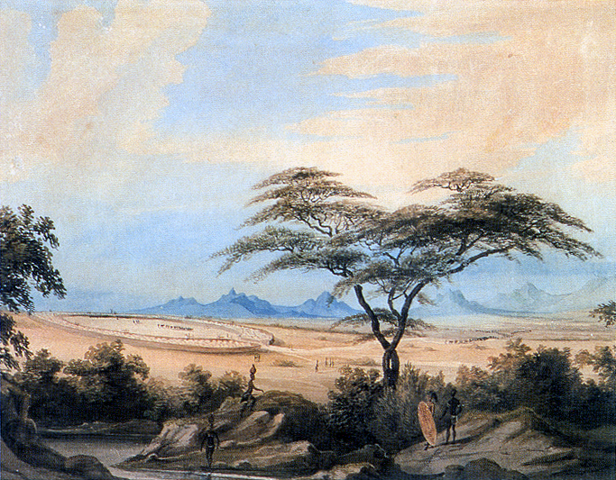 Sebuah kraal Matabele, seperti yang digambarkan oleh William Cornwallis Harris, 1836