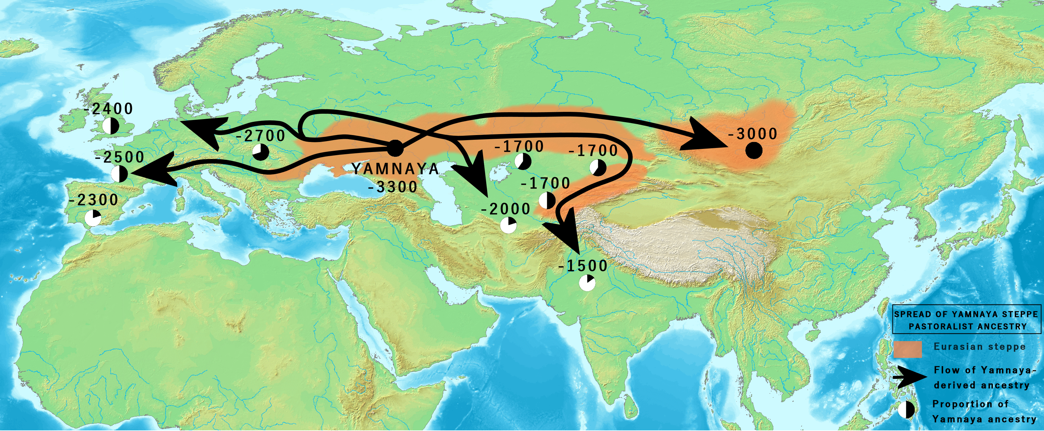 Penyebaran leluhur penggembala Stepa dari budaya Yamnaya pada Zaman Perunggu antara 3300 dan 1500 SM, termasuk budaya Afanasievo di Siberia selatan