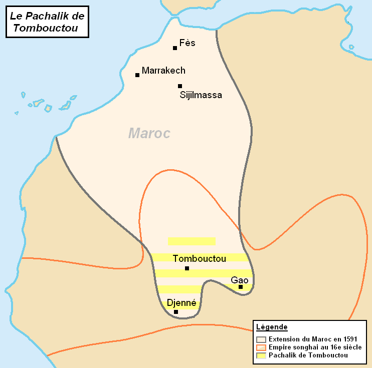 Map of the Pashalik of Timbuktu (yellow-striped) as part of the Saadi dynasty of Morocco (outlined black) within the Songhai Empire (outlined red), circa 1591.