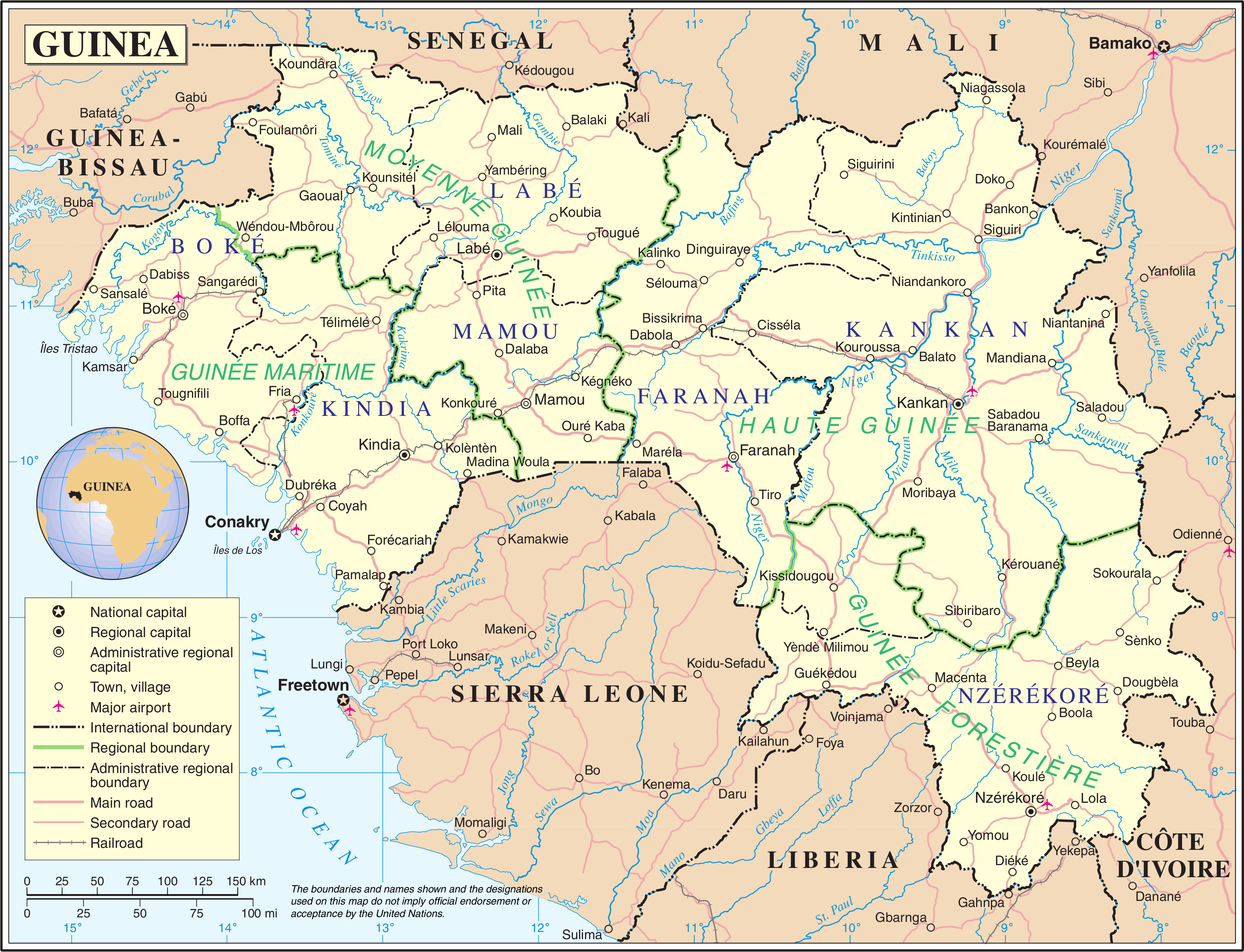 A map showing Guinea's cities and administrative divisions