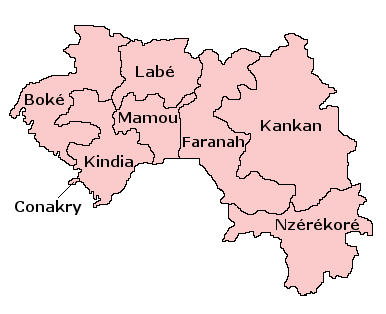 The eight administrative regions of Guinea, including the special zone of Conakry.