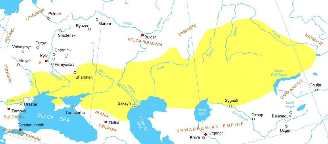 Konfederasi Kuman-Kipchak di Eurasia sekitar tahun 1200. Orang Kazakh adalah keturunan Kipchak dan puak-puak Turkik serta Mongol zaman pertengahan yang lain.