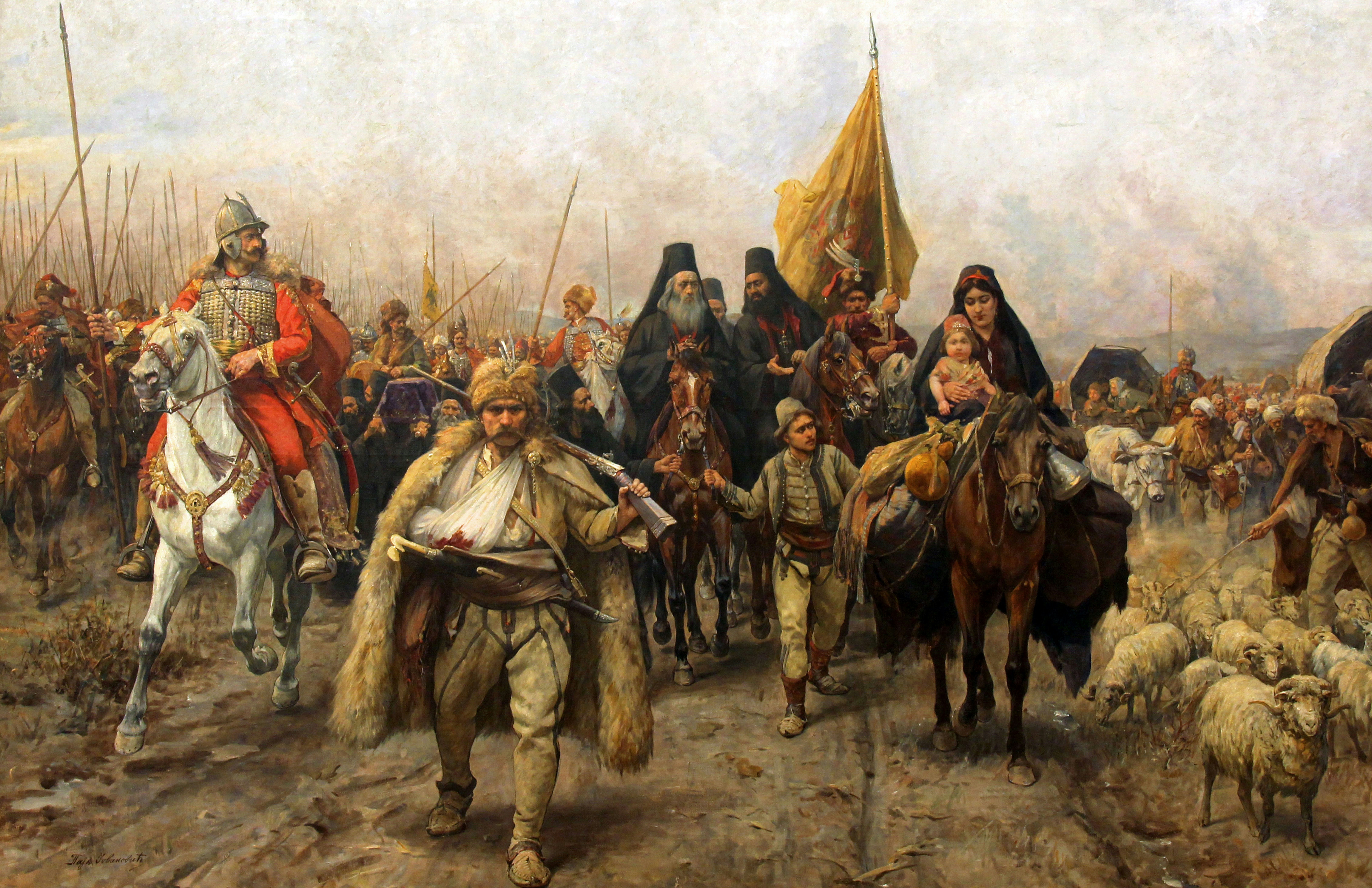 Migrasi Bangsa Serbia (lukisan), oleh Paja Jovanović (sekitar 1896), menggambarkan Migrasi Besar tahun 1690, dipimpin oleh patriark Arsenije III Crnojević