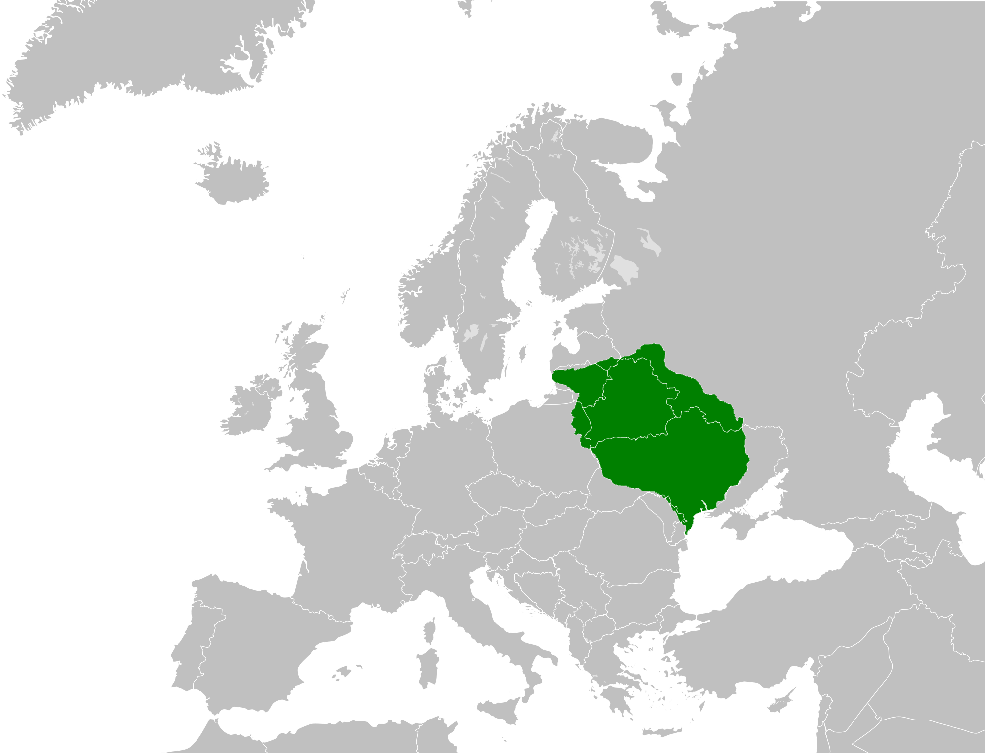 Peta Grand Duchy of Lithuania pada abad ke-15 sebelum kesatuannya dengan Kerajaan Poland. Belarus sepenuhnya berada dalam sempadannya.