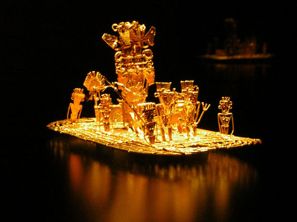 Rakit emas Muisca yang melahirkan legenda El Dorado. Zipa pada zaman dahulu menutupi seluruh tubuhnya dengan emas, dan dengan kekuasaannya, dia menawarkan kepada Guatavita dewi wanita di danau yang dikeramatkan.