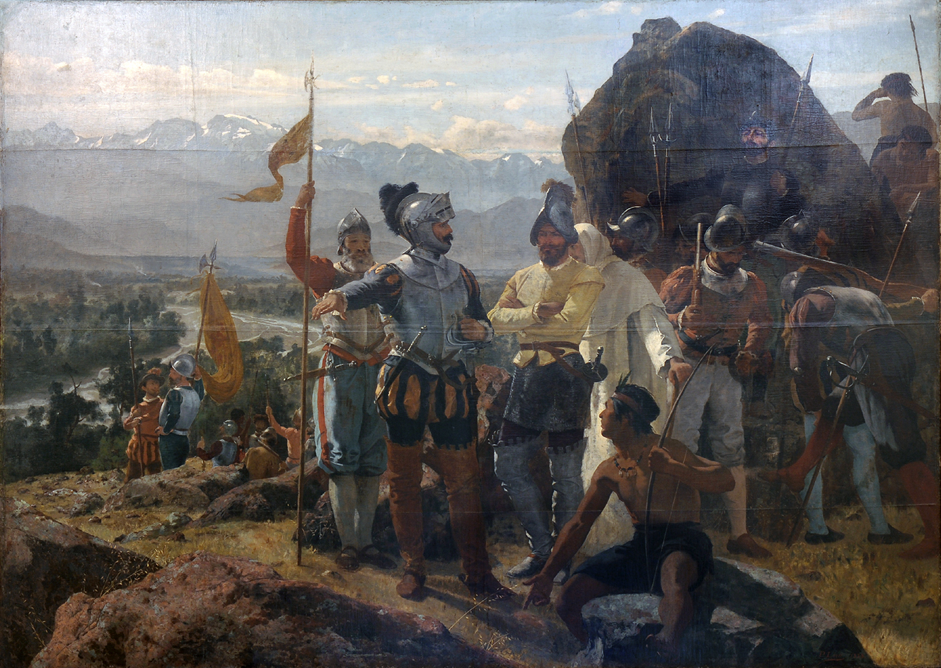1888년 페드로 리라가 그린 산타 루시아 언덕(우엘렌 언덕)에서 페드로 데 발디비아의 산티아고 창건 장면.