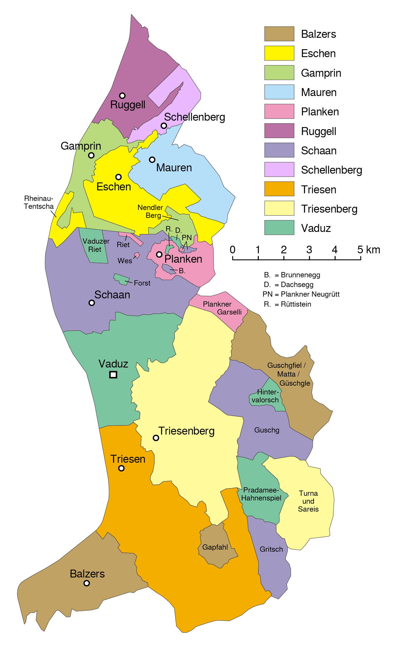 Pembahagian pentadbiran Liechtenstein, menunjukkan banyak eksklaf