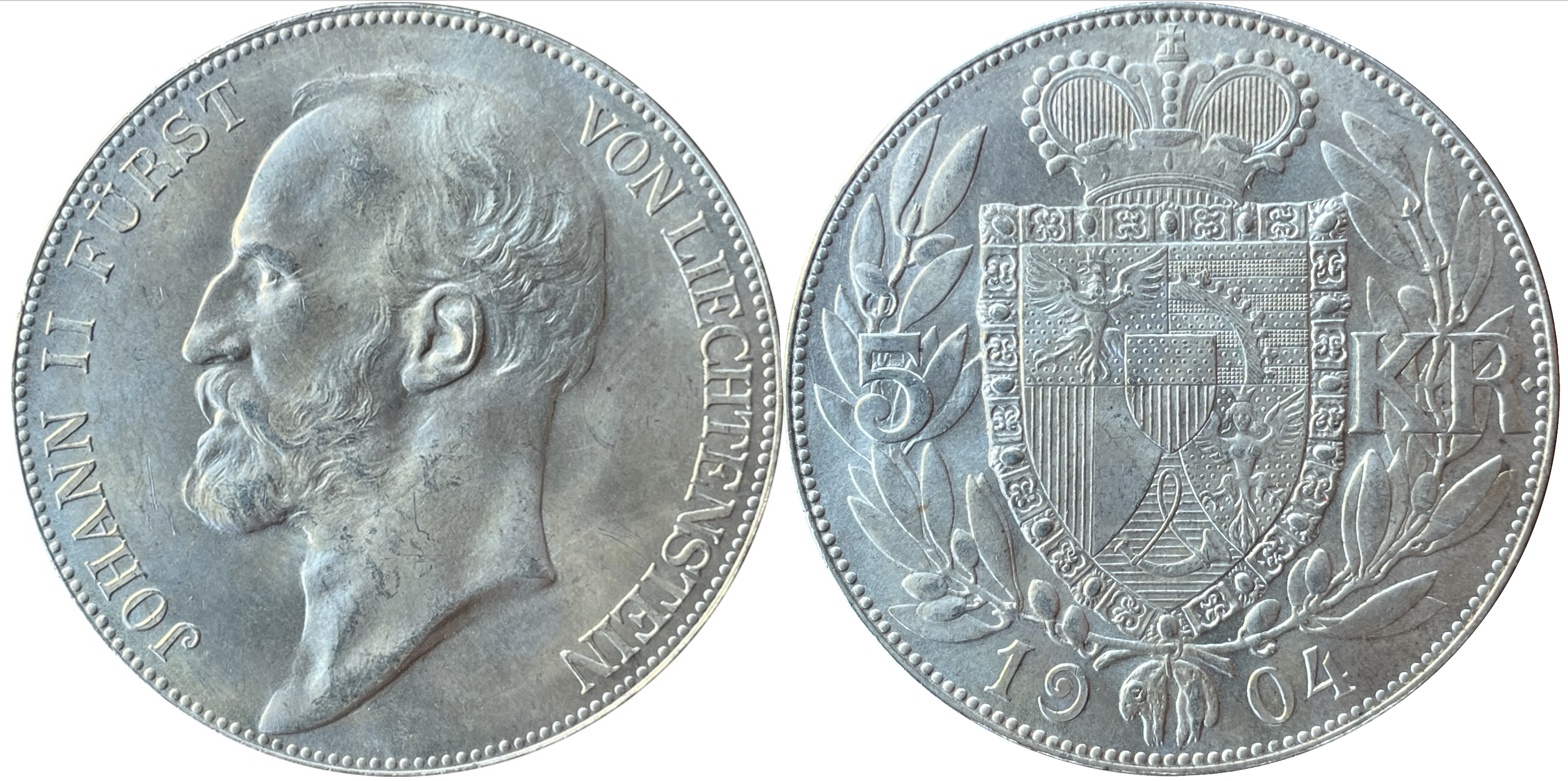 Syiling perak: 5 kronen Liechtenstein, 1904, bahagian hadapan syiling adalah potret Johann II