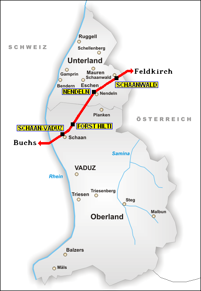 リヒテンシュタインの鉄道路線と駅の地図