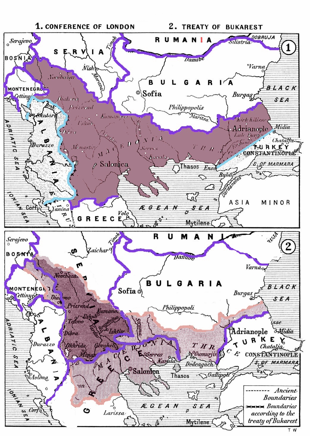 Sự phân chia các lãnh thổ Ottoman ở châu Âu (bao gồm cả vùng Macedonia) sau Chiến tranh Balkan theo Hiệp ước Bucharest
