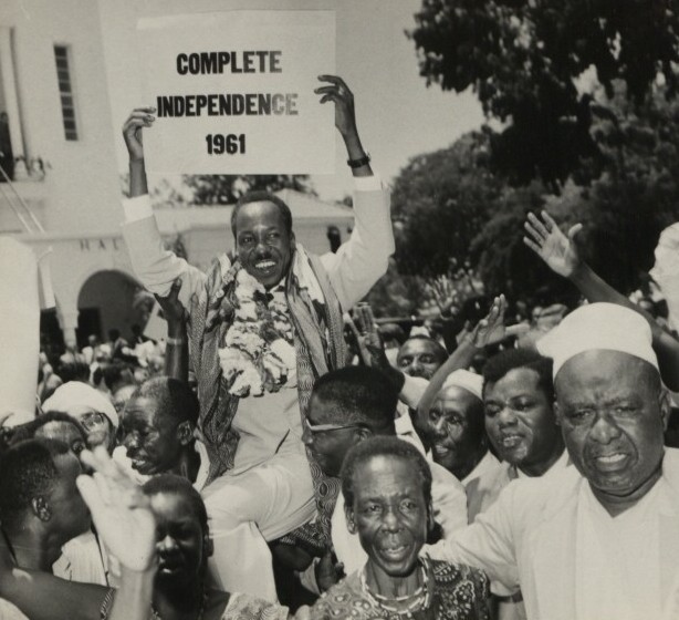Julius Nyerere (left) in London, 1961, demanding political independence for Tanganyika.