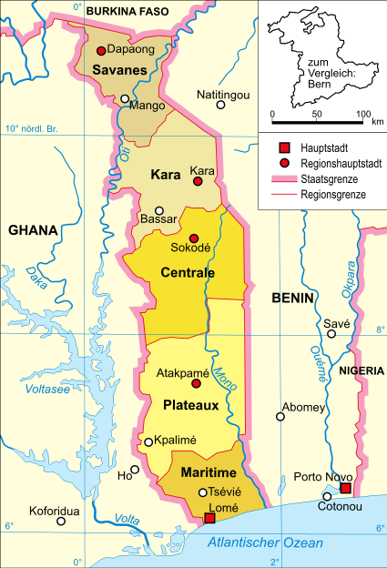 Map of Togo showing its five regions and their respective capitals.