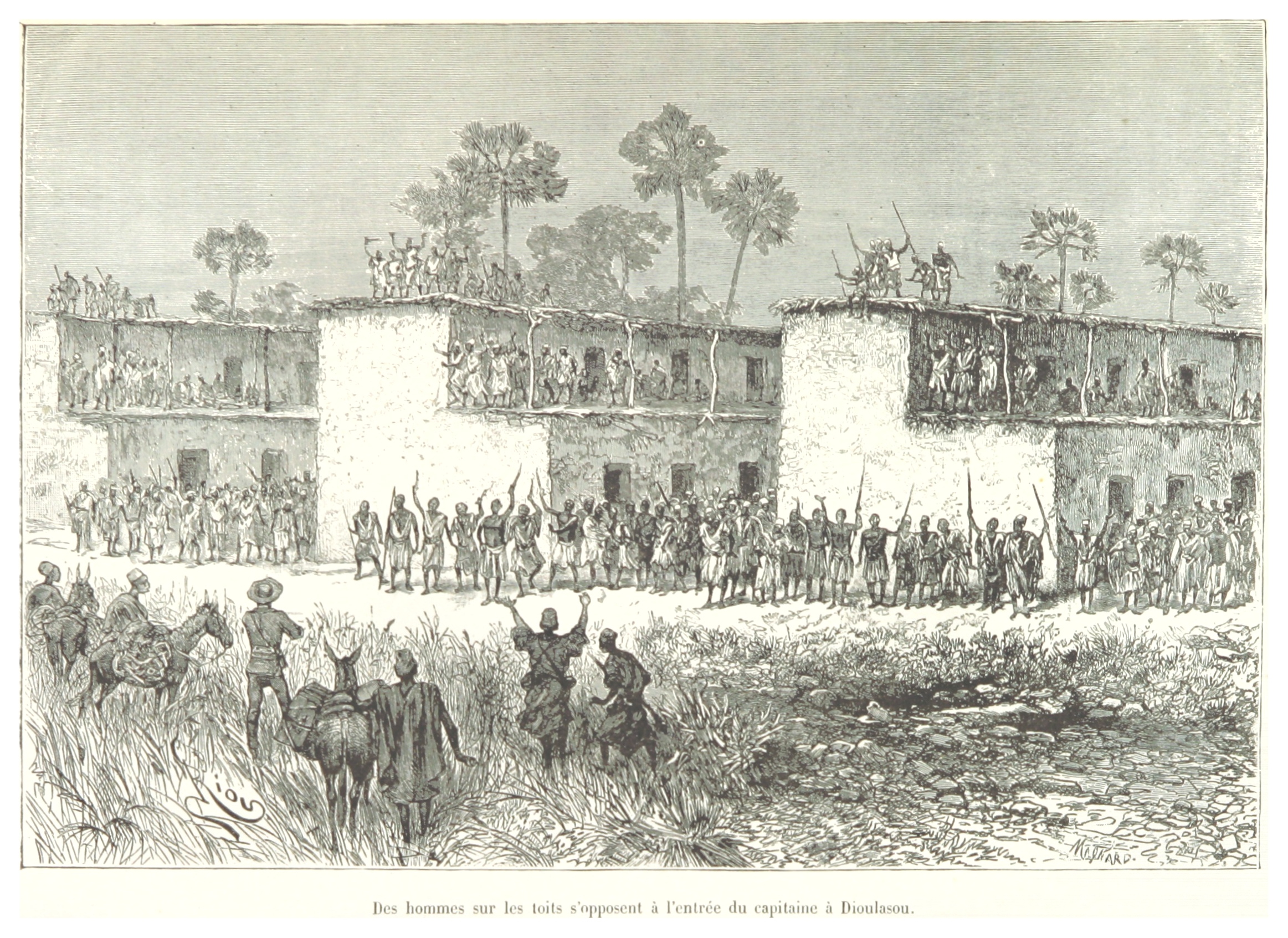 Armed men prevent the French explorer Louis-Gustave Binger from entering Sia (Bobo-Dioulasso) during his stay in April 1892.