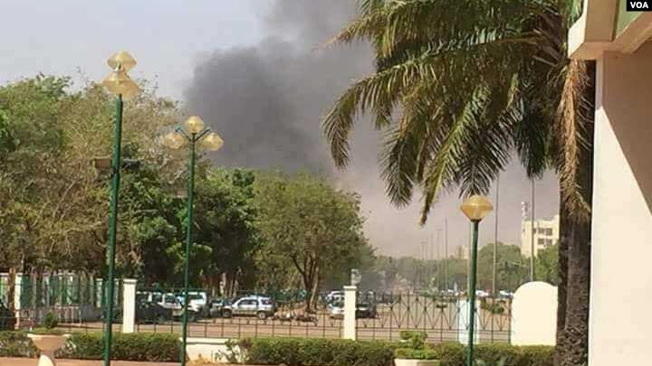 Smoke rising from the French Embassy in Ouagadougou on March 2, 2018, during the 2018 Ouagadougou attacks.