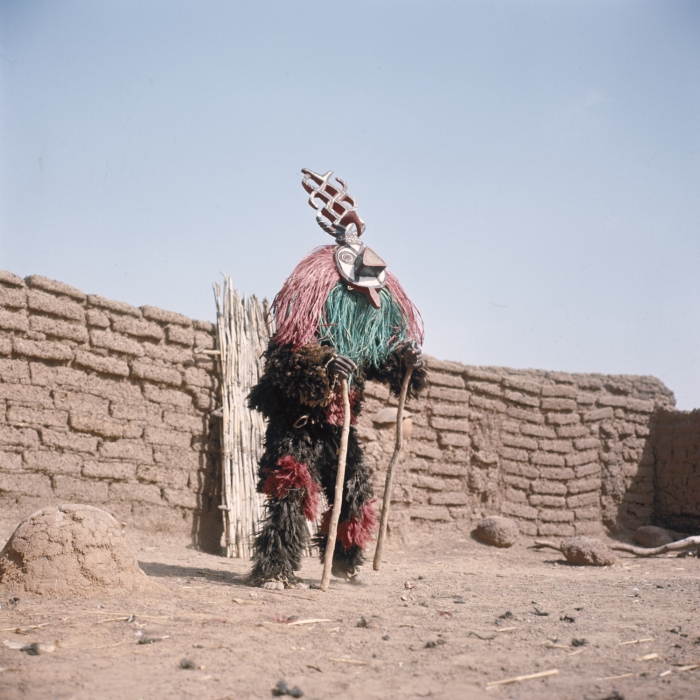 A masked Winiama dancer, circa 1970, showcasing the importance of masks in Burkinabè culture.